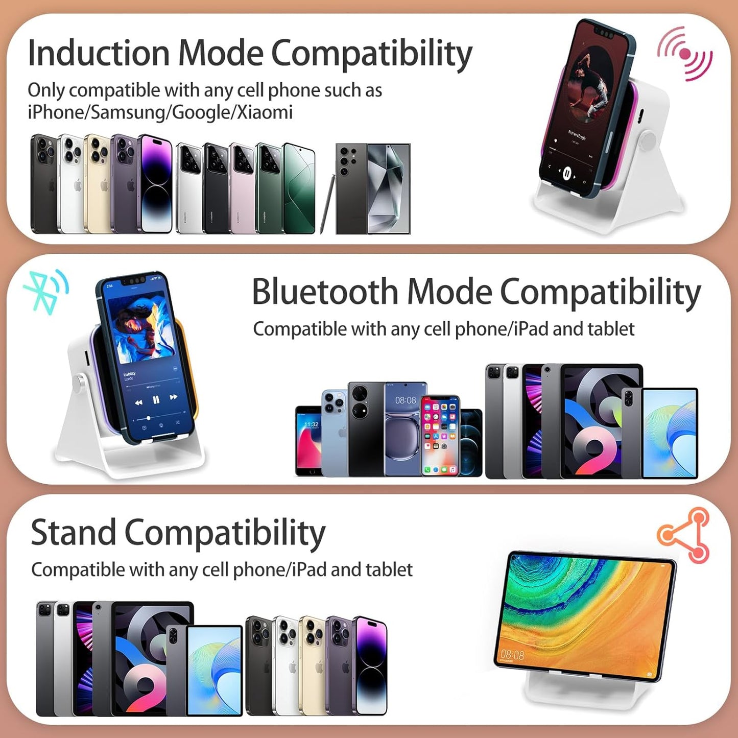 Wireless Induction Speaker 5-in-1 Bluetooth Speaker with Phone Holder, Surround Sound, 3500mAh, 8 RGB Ambient Lights, 360ยฐ Adjustable Stand