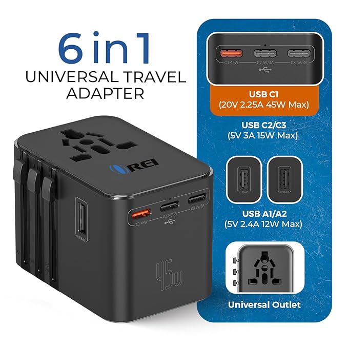 Universal Charger Adapter, 35W 6 in 1 International Travel Adapter, Universal Plug Socket with 10 Years Warranty, PD/QC 3.0, 1x USB-C, 3 USB Fast Charging, Worldwide Travel Adapters