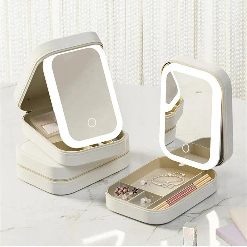 LED Lighted Makeup Mirror Jewelry Box – Portable 2-in-1 Travel Organizer with Adjustable Lighting, Cosmetic Storage & Rechargeable Battery – Compact Vanity Mirror for Women