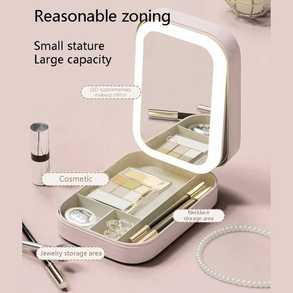 LED Lighted Makeup Mirror Jewelry Box – Portable 2-in-1 Travel Organizer with Adjustable Lighting, Cosmetic Storage & Rechargeable Battery – Compact Vanity Mirror for Women