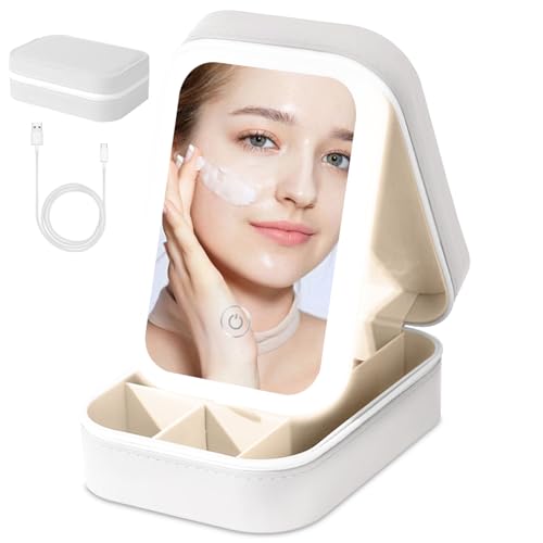 Small Travel LED Makeup Mirror Case with 3 Adjustable Color Light Settings, Dust-Proof Jewelry Box, Mini Cosmetic Train Case Ideal for Short Trips, Pink, Cosmetic Bag With Led Mirror - White