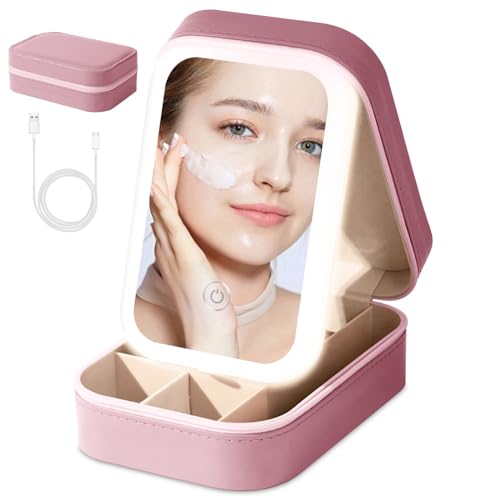 Small Travel LED Makeup Mirror Case with 3 Adjustable Color Light Settings, Dust-Proof Jewelry Box, Mini Cosmetic Train Case Ideal for Short Trips, Pink, Cosmetic Bag With Led Mirror - Pink
