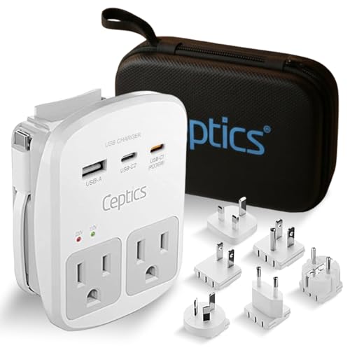 Ceptics Universal Travel Adapter, 45W International Power Adapter with PD & QC 3.0 Dual USB-C, 3 USB Travel Adapter Worldwide, Type I C G A Outlets 110V 220V A/C - EU Euro US UK (11-KU) - White