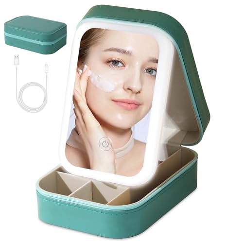 Small Travel LED Makeup Mirror Case with 3 Adjustable Color Light Settings, Dust-Proof Jewelry Box, Mini Cosmetic Train Case Ideal for Short Trips, Pink, Cosmetic Bag With Led Mirror - Green