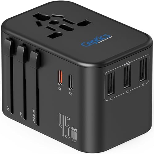 Ceptics Universal Travel Adapter, 45W International Power Adapter with PD & QC 3.0 Dual USB-C, 3 USB Travel Adapter Worldwide, Type I C G A Outlets 110V 220V A/C - EU Euro US UK (11-KU) - Black