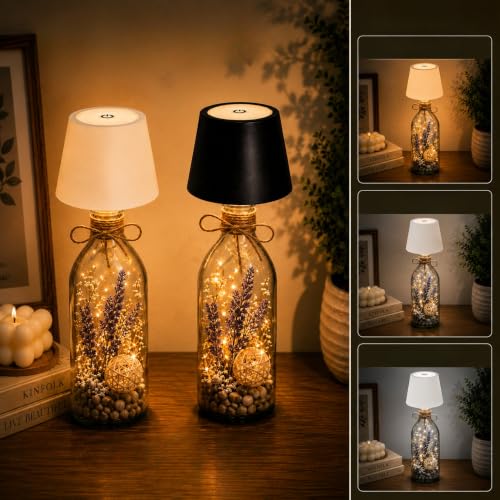 ANKRI Wireless Bottle Lamp LED 3 Colour Light Battery Desk Dimming Night Light Indoor Portable for Cafe Restaurant Home Living Room | 15 cm | Black | Long Lasting Battery - White & Black