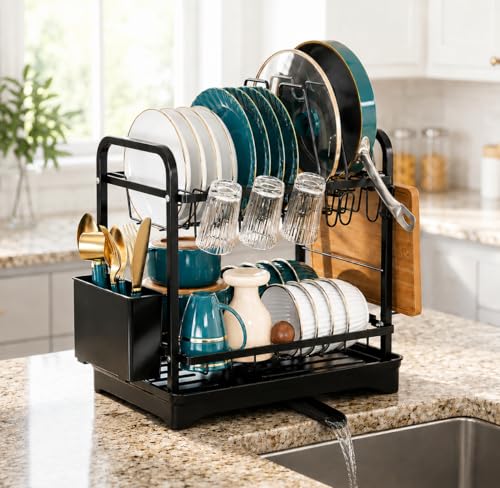 COMFYHOME Dish Drying Rack, 2-Tier Wrought Iron Space-Saving Kitchen Dish Drainer with Cup Holder, Drainboard & Utensil Holders, Rustproof Counter Organizer for Pots, Plates, Cups, Utensils, Bartan - black