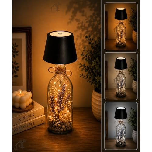 ANKRI Wireless Bottle Lamp LED 3 Colour Light Battery Desk Dimming Night Light Indoor Portable for Cafe Restaurant Home Living Room | 15 cm | Black | Long Lasting Battery - Pack of 1 Black