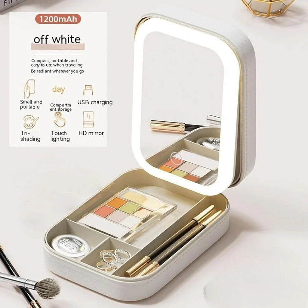LED Lighted Makeup Mirror Jewelry Box – Portable 2-in-1 Travel Organizer with Adjustable Lighting, Cosmetic Storage & Rechargeable Battery – Compact Vanity Mirror for Women