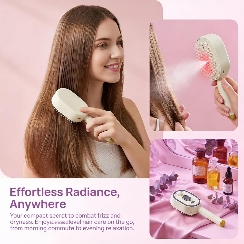 3-in-1 Electric Steam Brush with Red Light Therapy | Nano Mist Detangling Hair Brush for Wet & Dry Hair | Wireless USB-C Rechargeable Scalp Massager & Anti-Frizz Essential Oil Diffuser