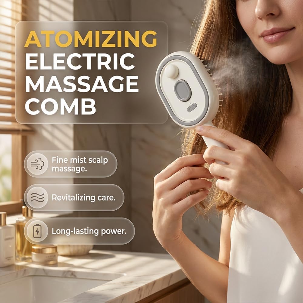 3-in-1 Electric Steam Brush with Red Light Therapy | Nano Mist Detangling Hair Brush for Wet & Dry Hair | Wireless USB-C Rechargeable Scalp Massager & Anti-Frizz Essential Oil Diffuser