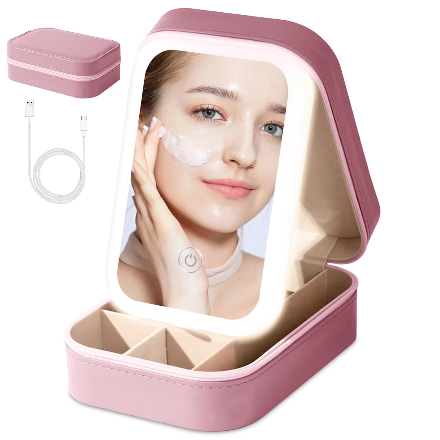 Small Travel LED Makeup Mirror Case with 3 Adjustable Color Light Settings, Dust-Proof Jewelry Box, Mini Cosmetic Train Case Ideal for Short Trips, Pink, Cosmetic Bag With Led Mirror