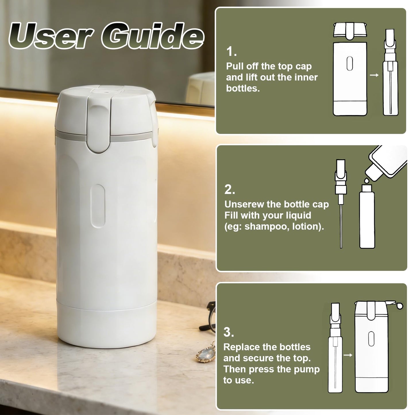 4 in 1 Travel Pump Dispenser Bottle, 30ml, 4 Pack Leakproof Pump Containers with Measuring Scale and Label Stickers