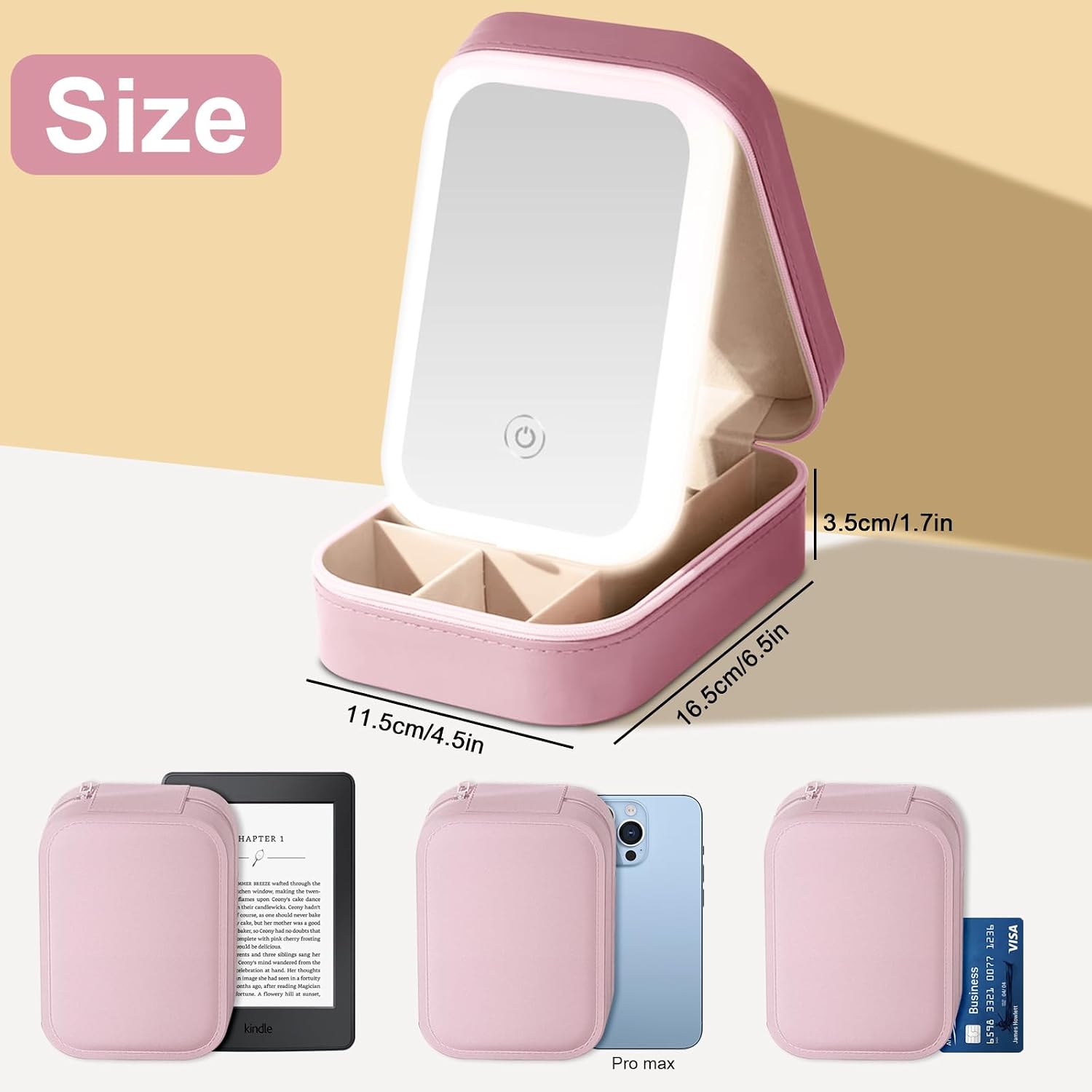 Small Travel LED Makeup Mirror Case with 3 Adjustable Color Light Settings, Dust-Proof Jewelry Box, Mini Cosmetic Train Case Ideal for Short Trips, Pink, Cosmetic Bag With Led Mirror
