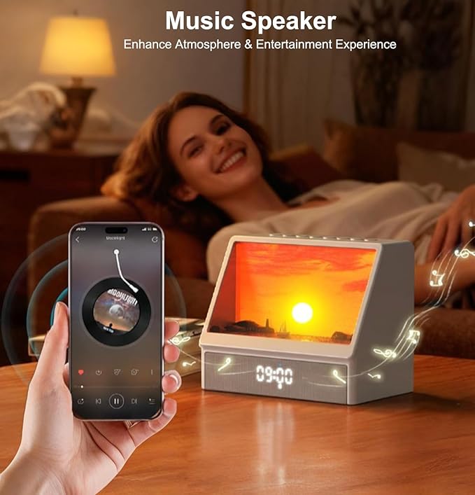Sunrise Alarm Clock for Bedrooms, White Noise Machine Creative Simulated Sunrise Animation with 7 Modes, 12 Natural Sounds, Music Speaker & Remote