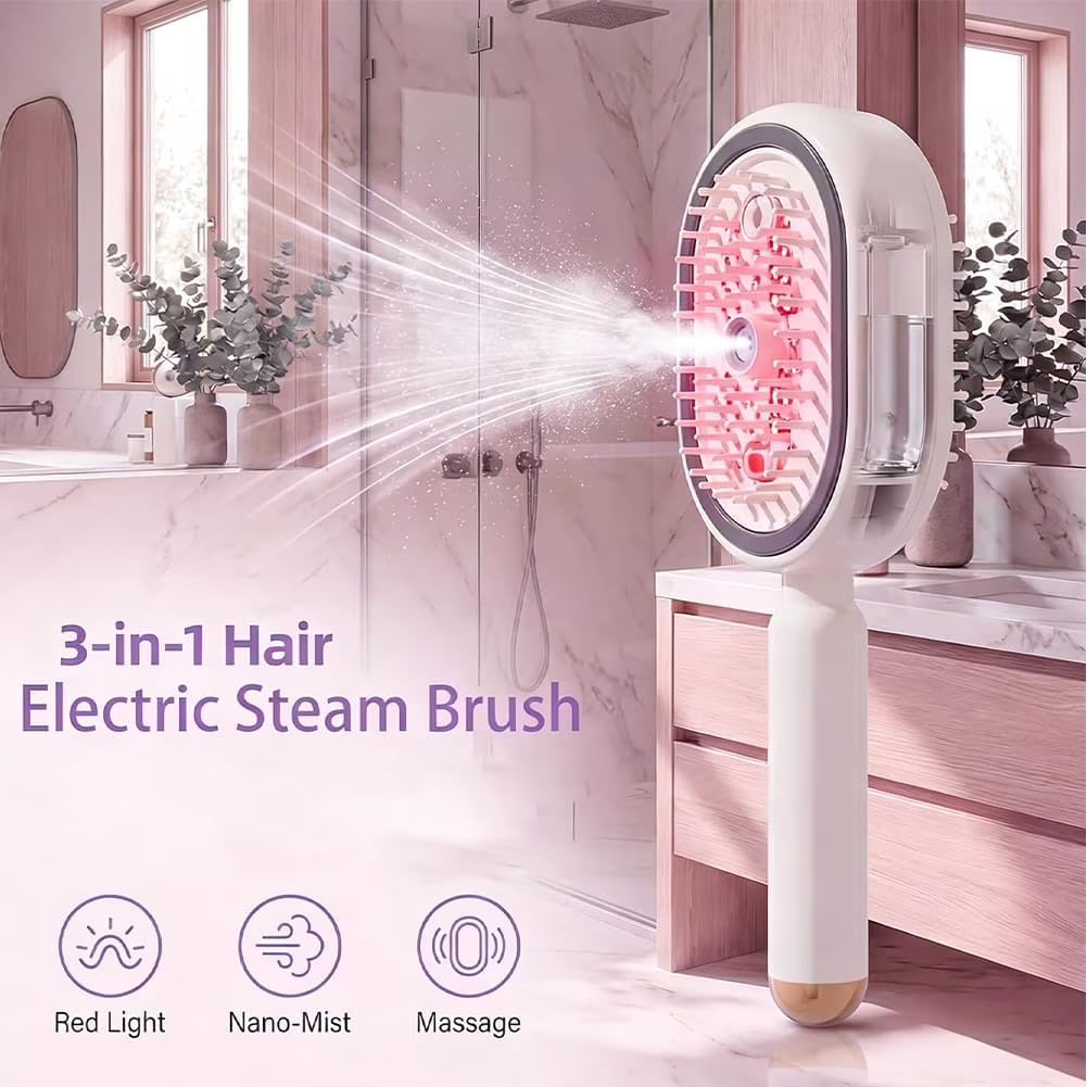 3-in-1 Electric Steam Brush with Red Light Therapy | Nano Mist Detangling Hair Brush for Wet & Dry Hair | Wireless USB-C Rechargeable Scalp Massager & Anti-Frizz Essential Oil Diffuser