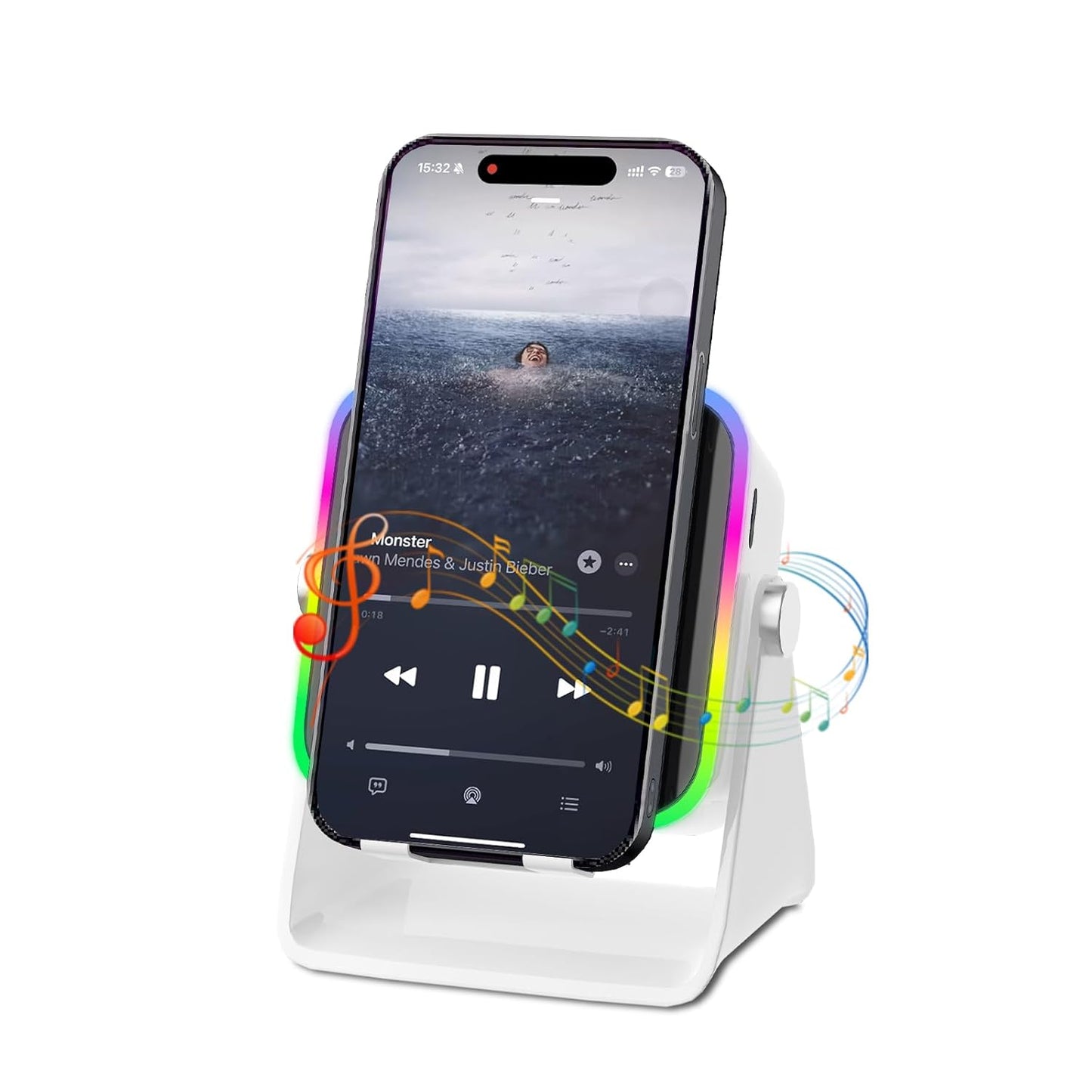 Wireless Induction Speaker 5-in-1 Bluetooth Speaker with Phone Holder, Surround Sound, 3500mAh, 8 RGB Ambient Lights, 360° Adjustable Stand