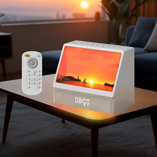 Sunrise Alarm Clock for Bedrooms, White Noise Machine Creative Simulated Sunrise Animation with 7 Modes, 12 Natural Sounds, Music Speaker & Remote
