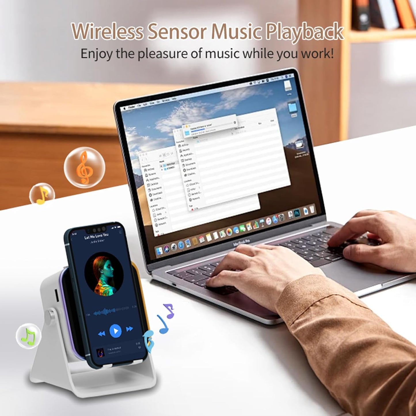 Wireless Induction Speaker 5-in-1 Bluetooth Speaker with Phone Holder, Surround Sound, 3500mAh, 8 RGB Ambient Lights, 360° Adjustable Stand
