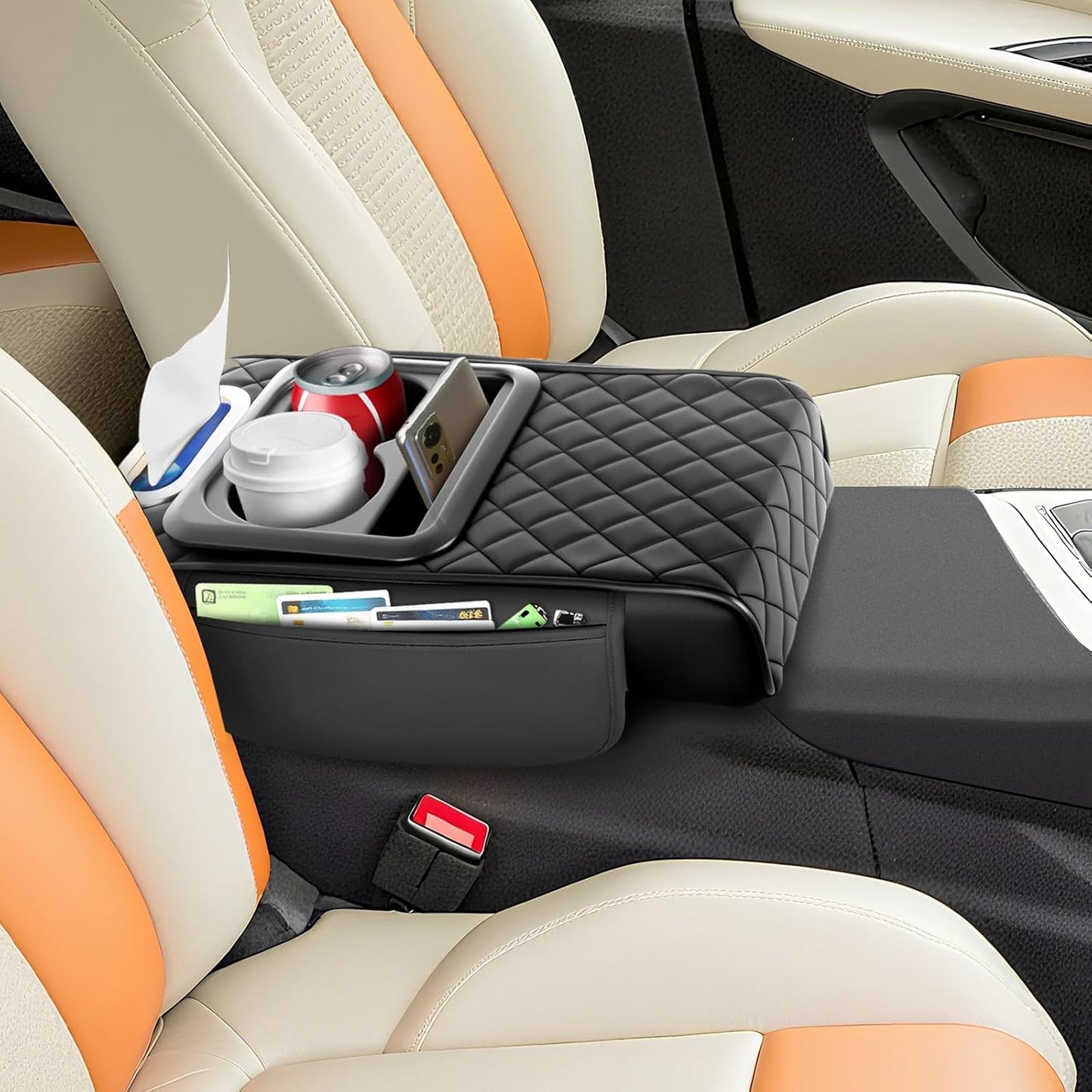 5-in-1 Armrest Storage Box Upgrade Memory Foam Console Cover with Cup for Car Phone Tissue Box Holder