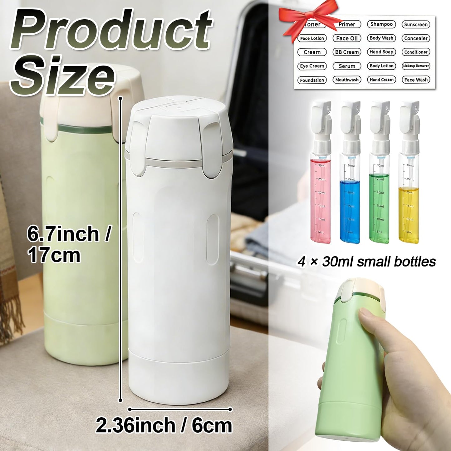 4 in 1 Travel Pump Dispenser Bottle, 30ml, 4 Pack Leakproof Pump Containers with Measuring Scale and Label Stickers