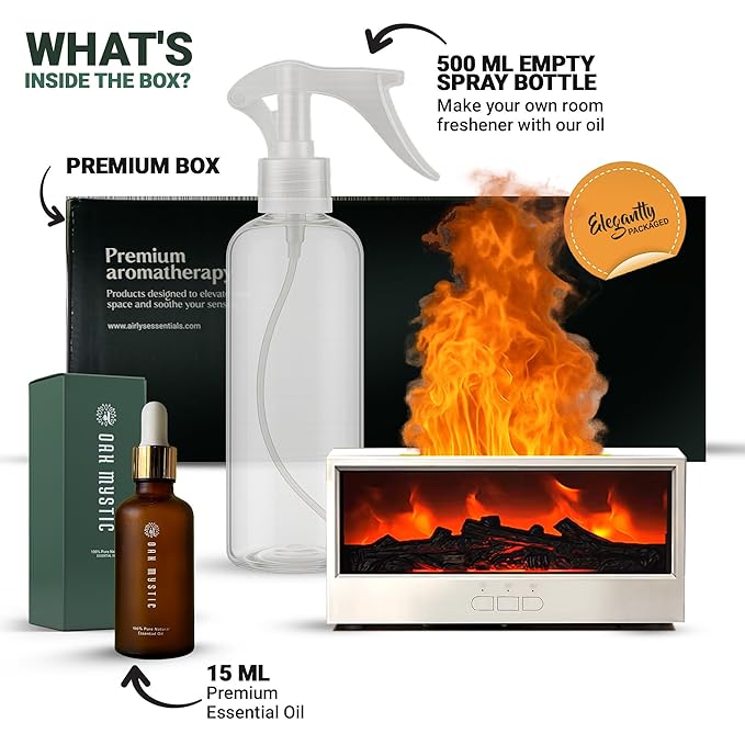 Aroma Essential Oil Fireplace Diffuser with Premium Box Colorful Flame with Remote Control for Home Office with 15 ml Essential Oil
