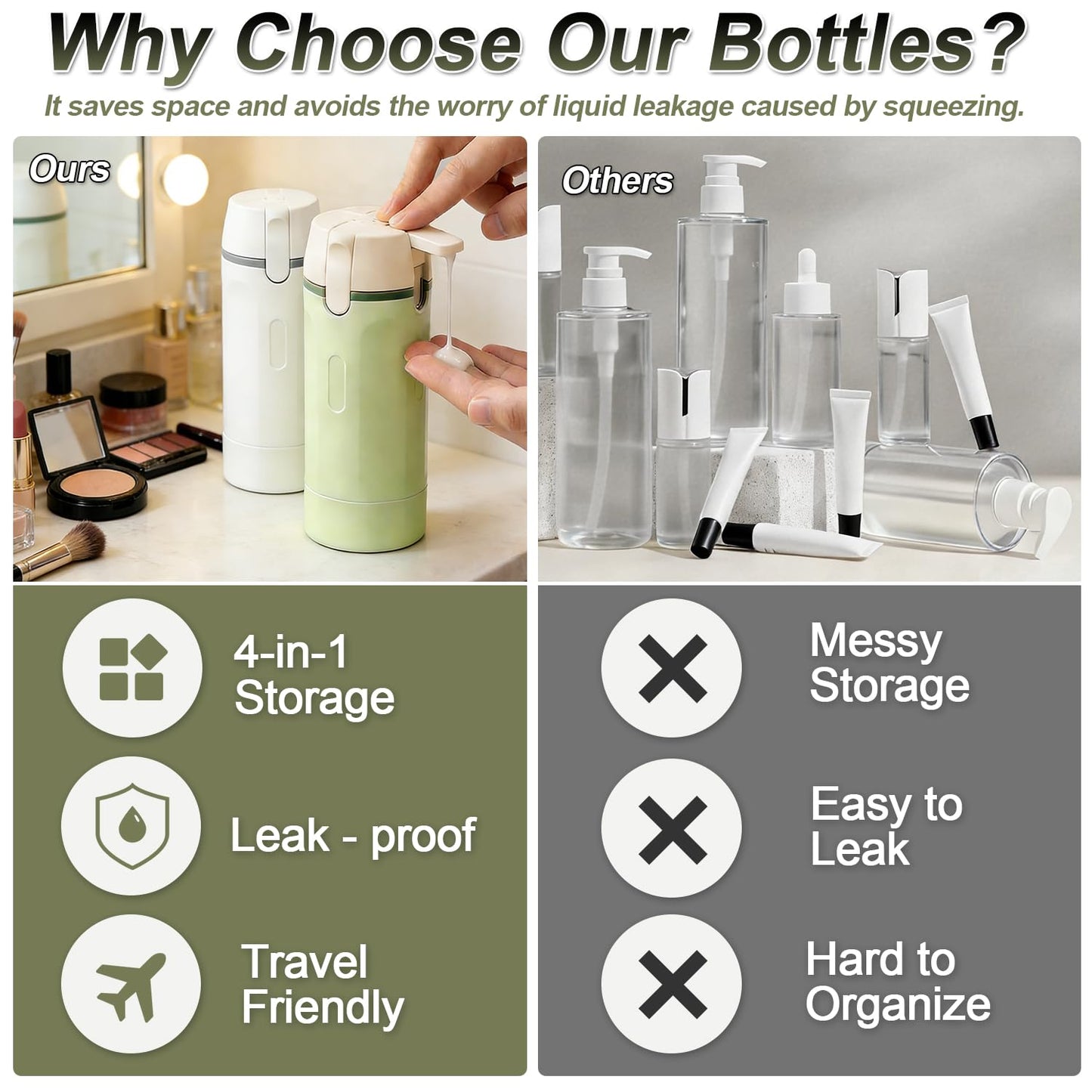 4 in 1 Travel Pump Dispenser Bottle, 30ml, 4 Pack Leakproof Pump Containers with Measuring Scale and Label Stickers