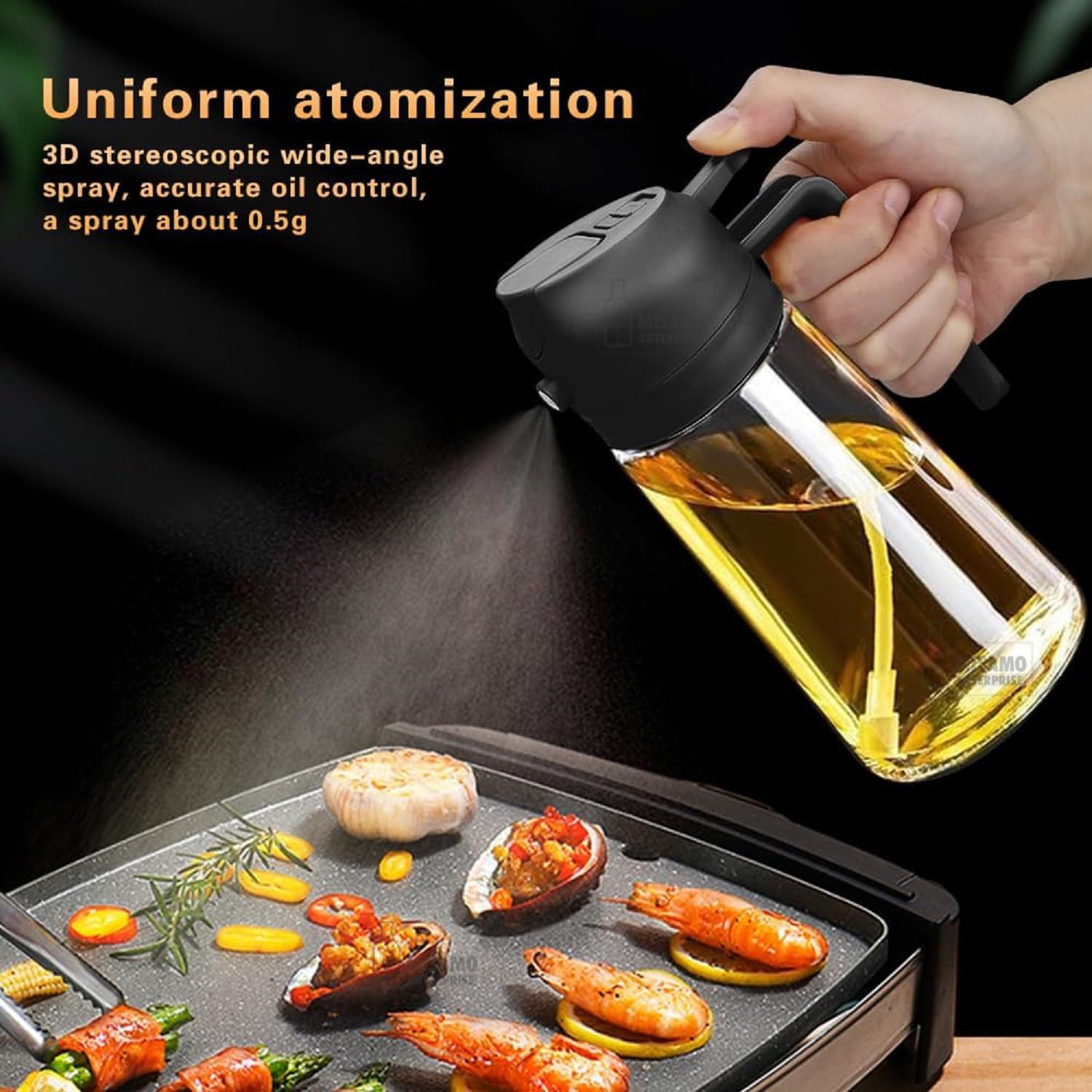Misamo Enterprise 2-in-1 Oil Dispenser & Sprayer for Kitchen, 500ml, Black | 2-in-1 design delivers a fine mist spray or smooth pour for precise oil control while cooking, grilling, and baking.