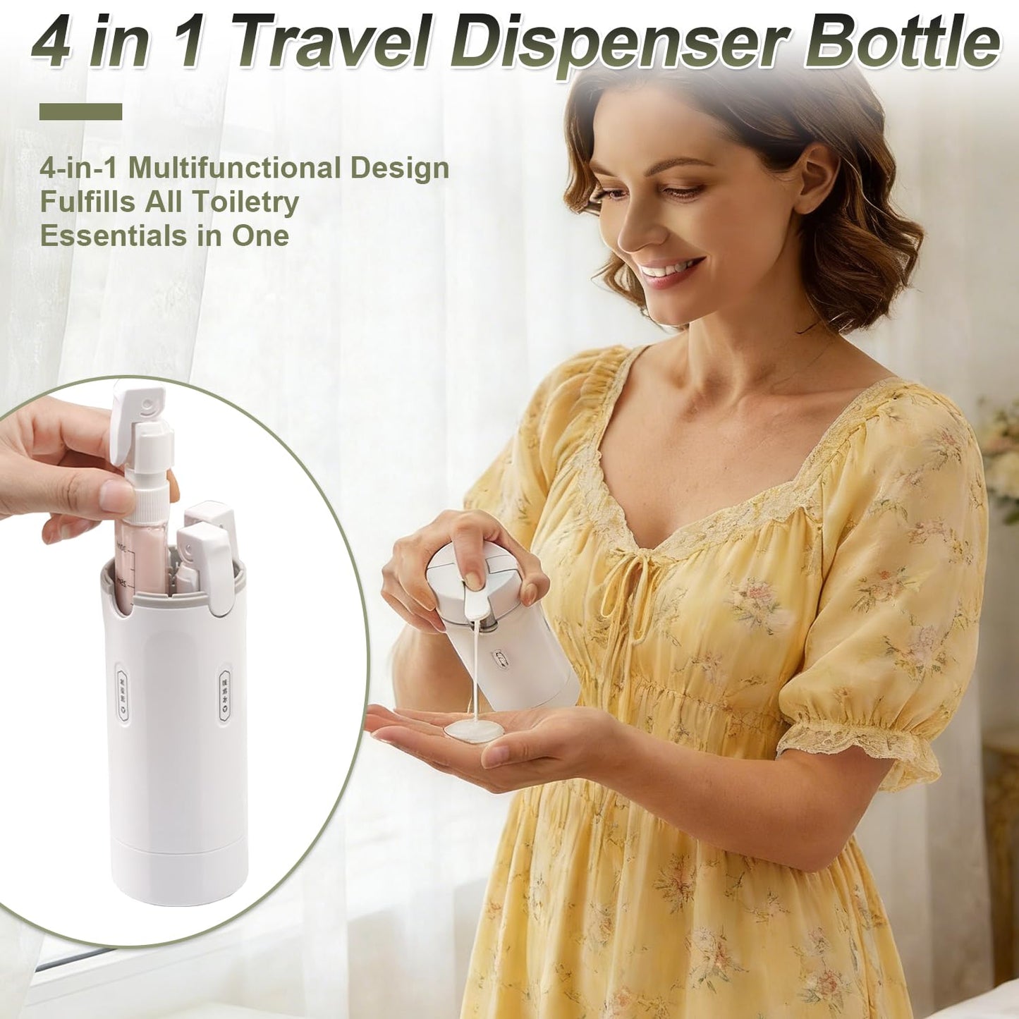 4 in 1 Travel Pump Dispenser Bottle, 30ml, 4 Pack Leakproof Pump Containers with Measuring Scale and Label Stickers