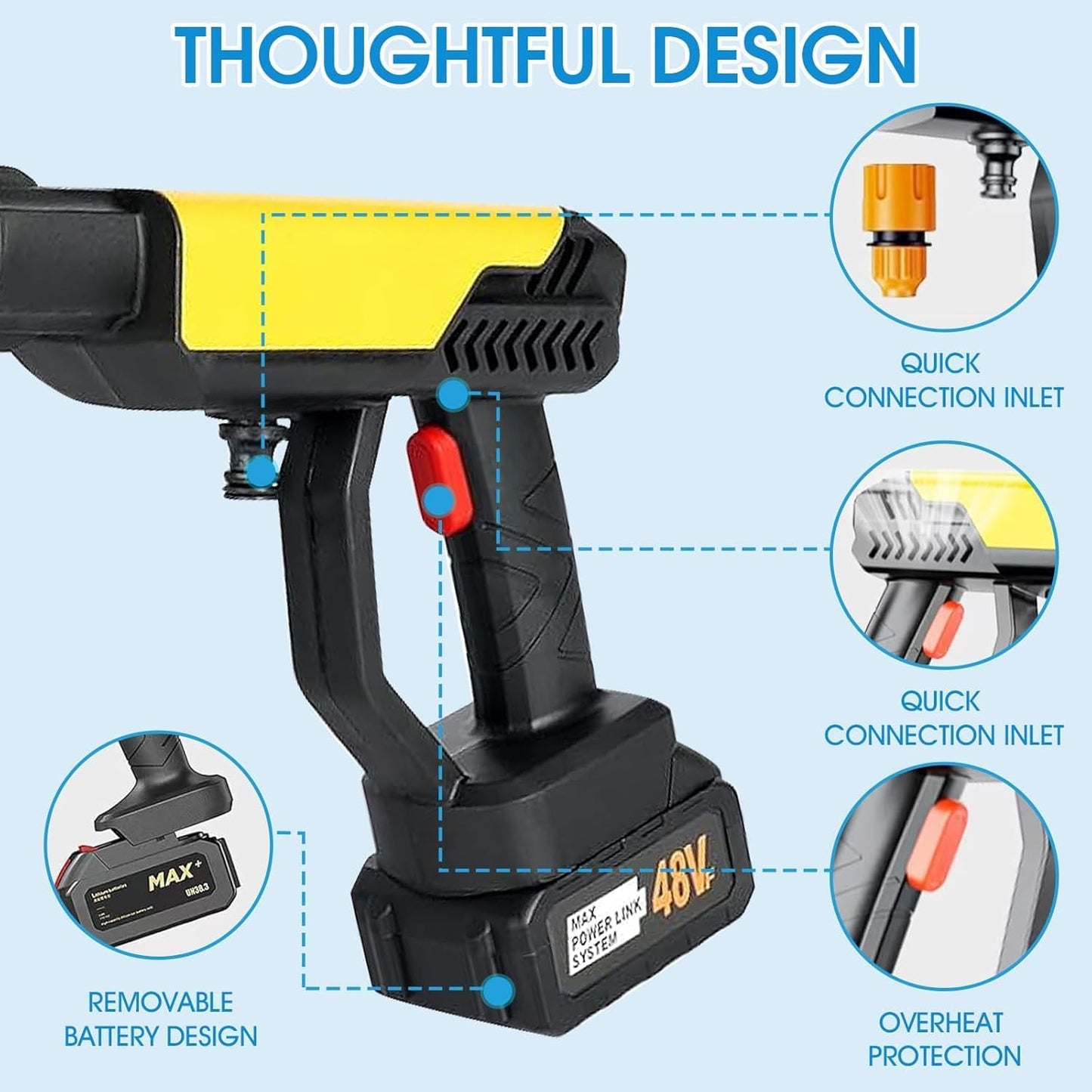 Turbowash Cordless Portable 48V Wireless Pressure Washer Gun -12000mAh High Pressure Water Gun for Car and Bike Wash, Adjustable 6 in 1 Nozzle, 5M Hose Pipe