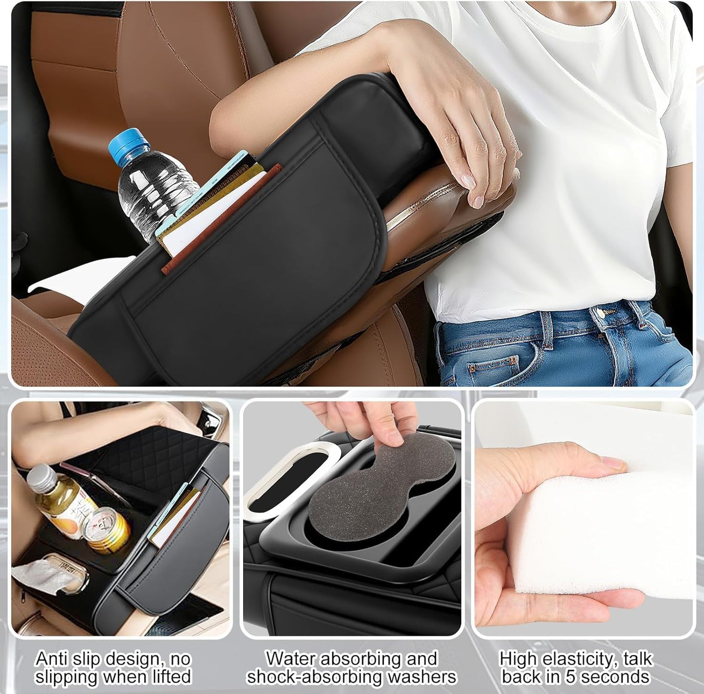 5-in-1 Armrest Storage Box Upgrade Memory Foam Console Cover with Cup for Car Phone Tissue Box Holder