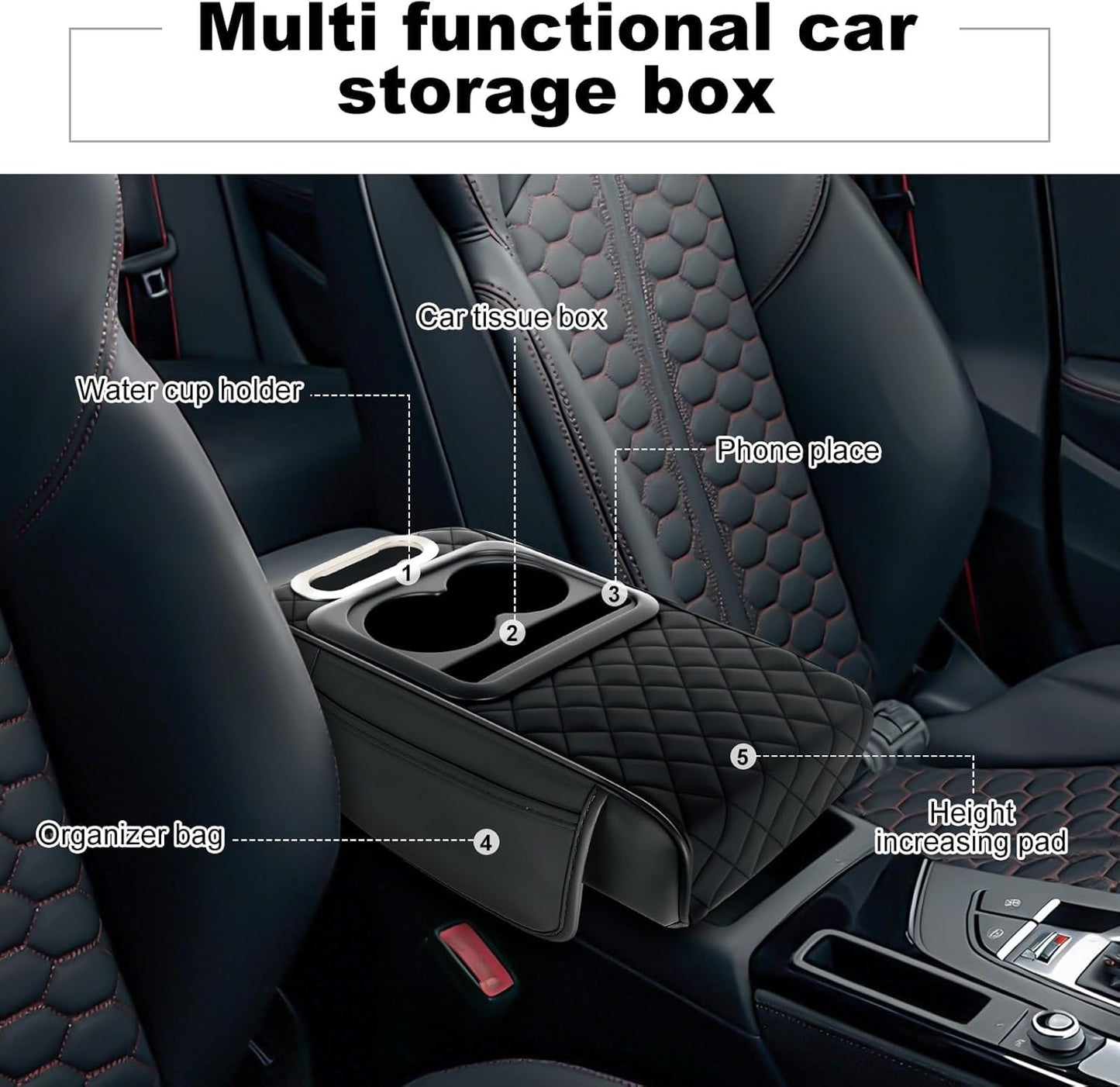 5-in-1 Armrest Storage Box Upgrade Memory Foam Console Cover with Cup for Car Phone Tissue Box Holder