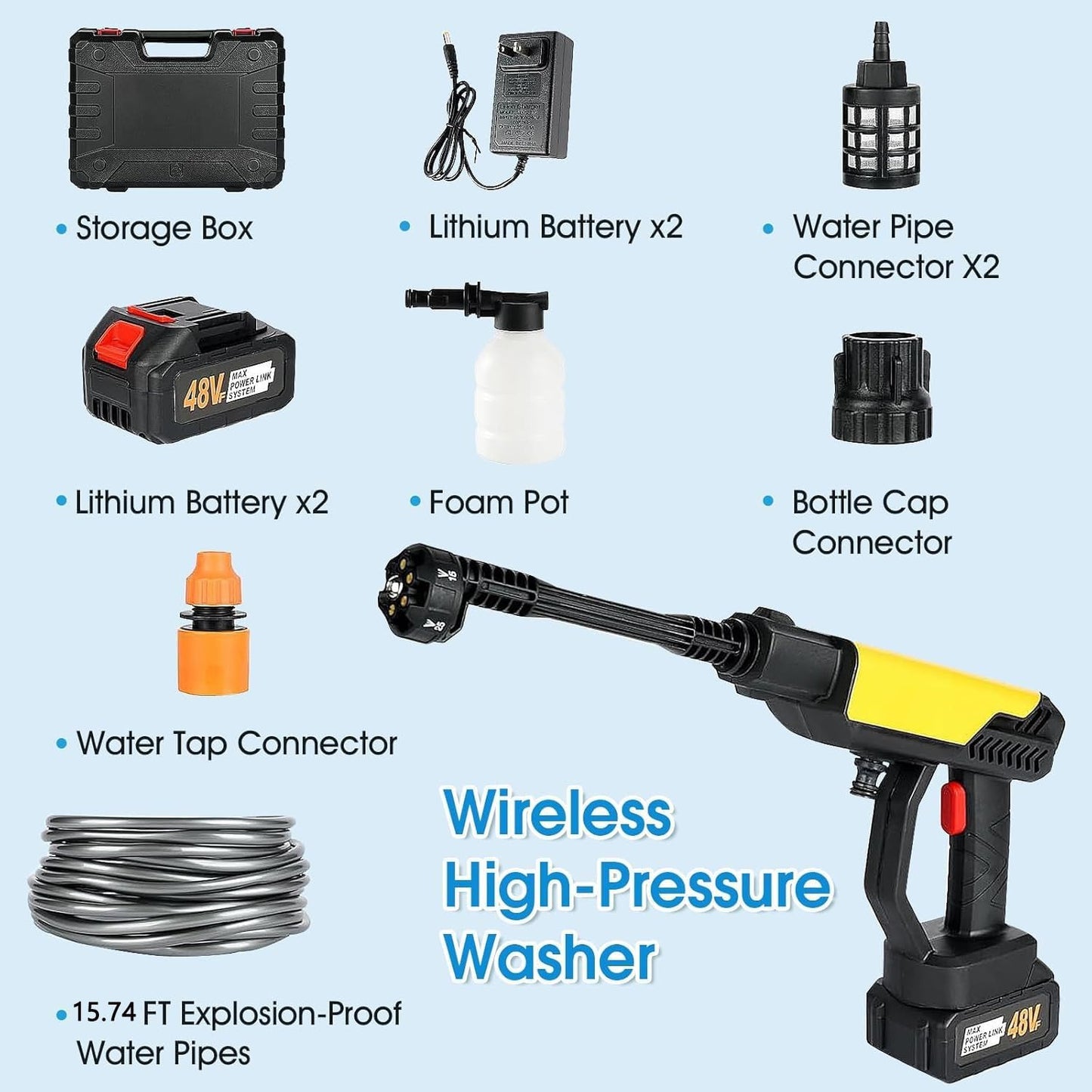 Turbowash Cordless Portable 48V Wireless Pressure Washer Gun -12000mAh High Pressure Water Gun for Car and Bike Wash, Adjustable 6 in 1 Nozzle, 5M Hose Pipe