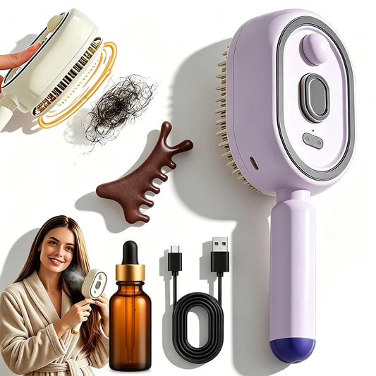 3-in-1 Electric Steam Brush with Red Light Therapy | Nano Mist Detangling Hair Brush for Wet & Dry Hair | Wireless USB-C Rechargeable Scalp Massager & Anti-Frizz Essential Oil Diffuser