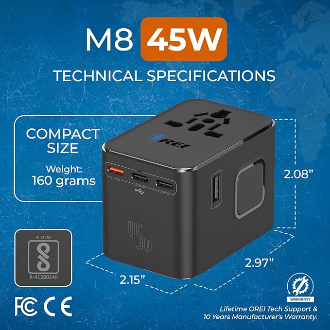 Universal Charger Adapter, 35W 6 in 1 International Travel Adapter, Universal Plug Socket with 10 Years Warranty, PD/QC 3.0, 1x USB-C, 3 USB Fast Charging, Worldwide Travel Adapters