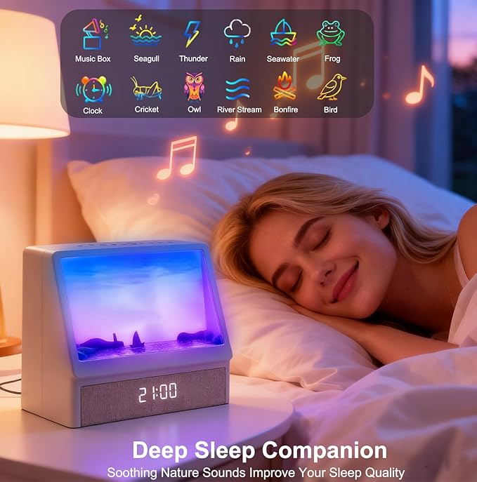 Sunrise Alarm Clock for Bedrooms, White Noise Machine Creative Simulated Sunrise Animation with 7 Modes, 12 Natural Sounds, Music Speaker & Remote