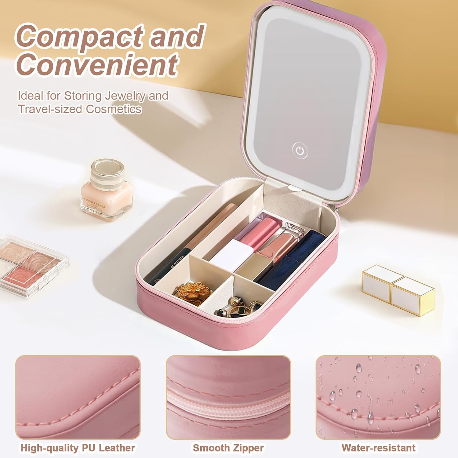 Small Travel LED Makeup Mirror Case with 3 Adjustable Color Light Settings, Dust-Proof Jewelry Box, Mini Cosmetic Train Case Ideal for Short Trips, Pink, Cosmetic Bag With Led Mirror