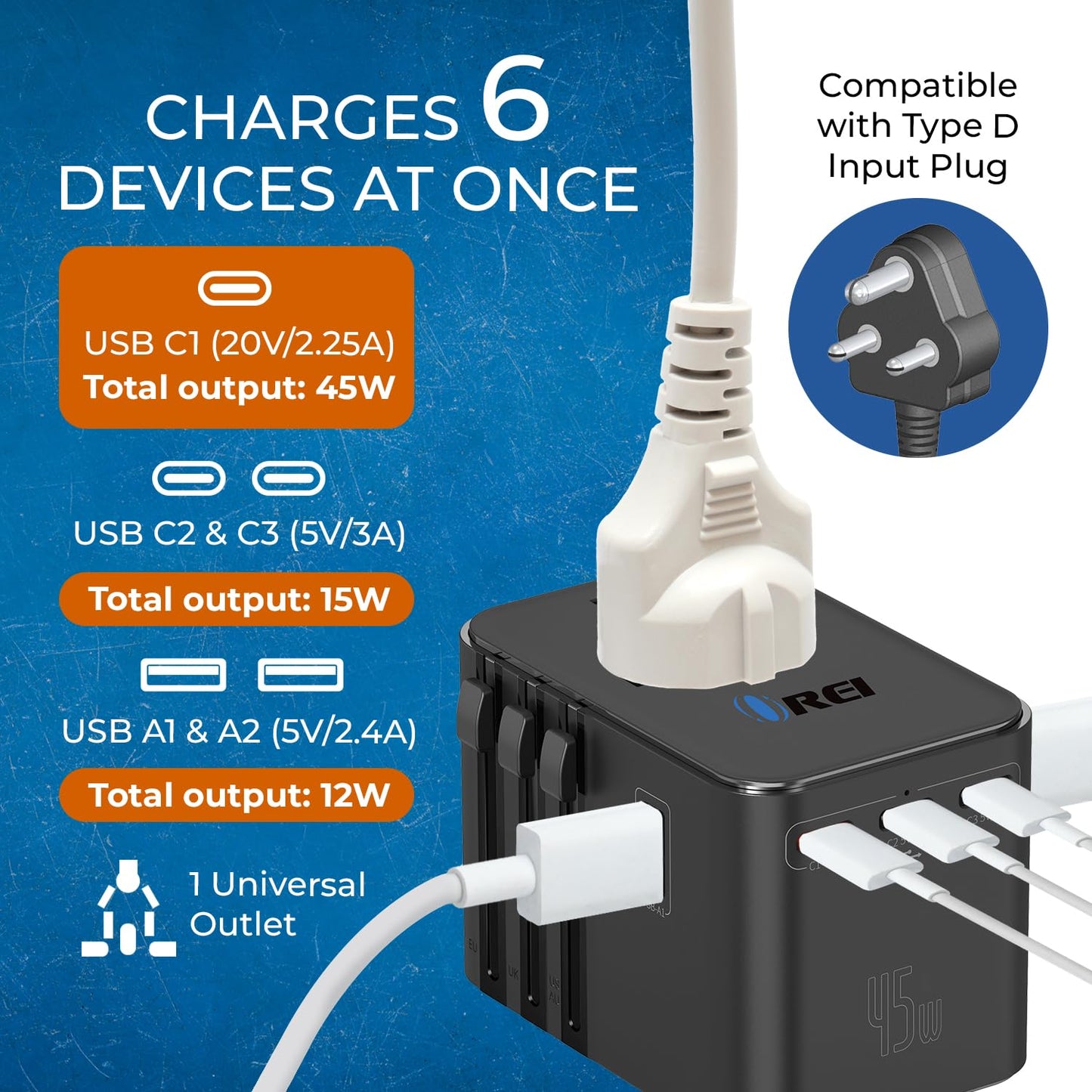 Universal Charger Adapter, 35W 6 in 1 International Travel Adapter, Universal Plug Socket with 10 Years Warranty, PD/QC 3.0, 1x USB-C, 3 USB Fast Charging, Worldwide Travel Adapters