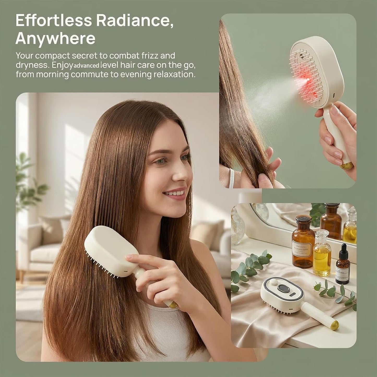 3-in-1 Electric Steam Brush with Red Light Therapy | Nano Mist Detangling Hair Brush for Wet & Dry Hair | Wireless USB-C Rechargeable Scalp Massager & Anti-Frizz Essential Oil Diffuser