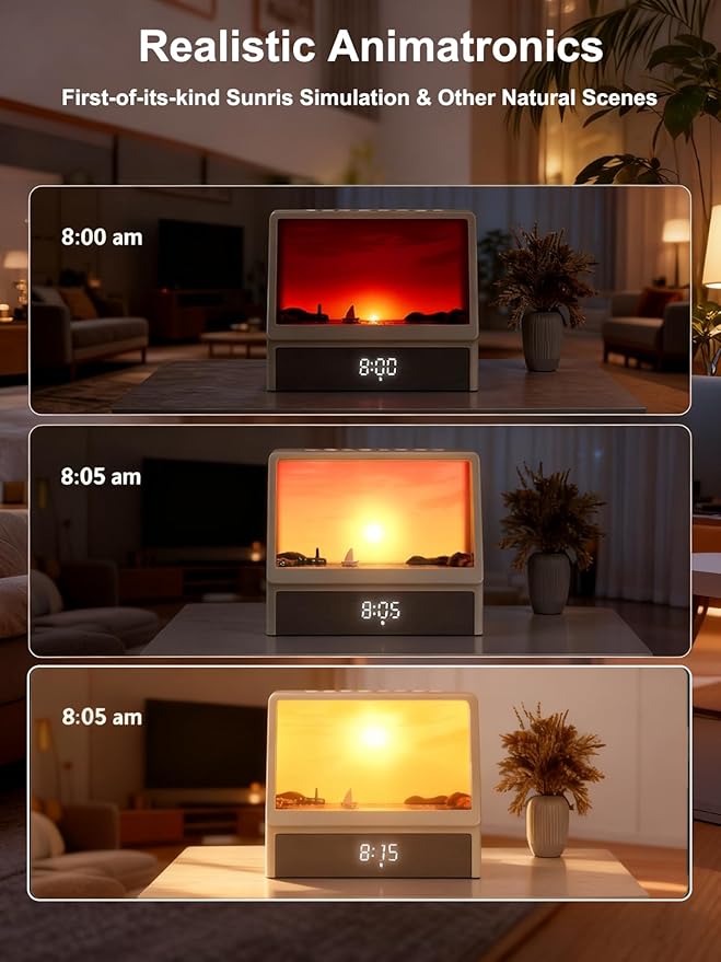 Sunrise Alarm Clock for Bedrooms, White Noise Machine Creative Simulated Sunrise Animation with 7 Modes, 12 Natural Sounds, Music Speaker & Remote