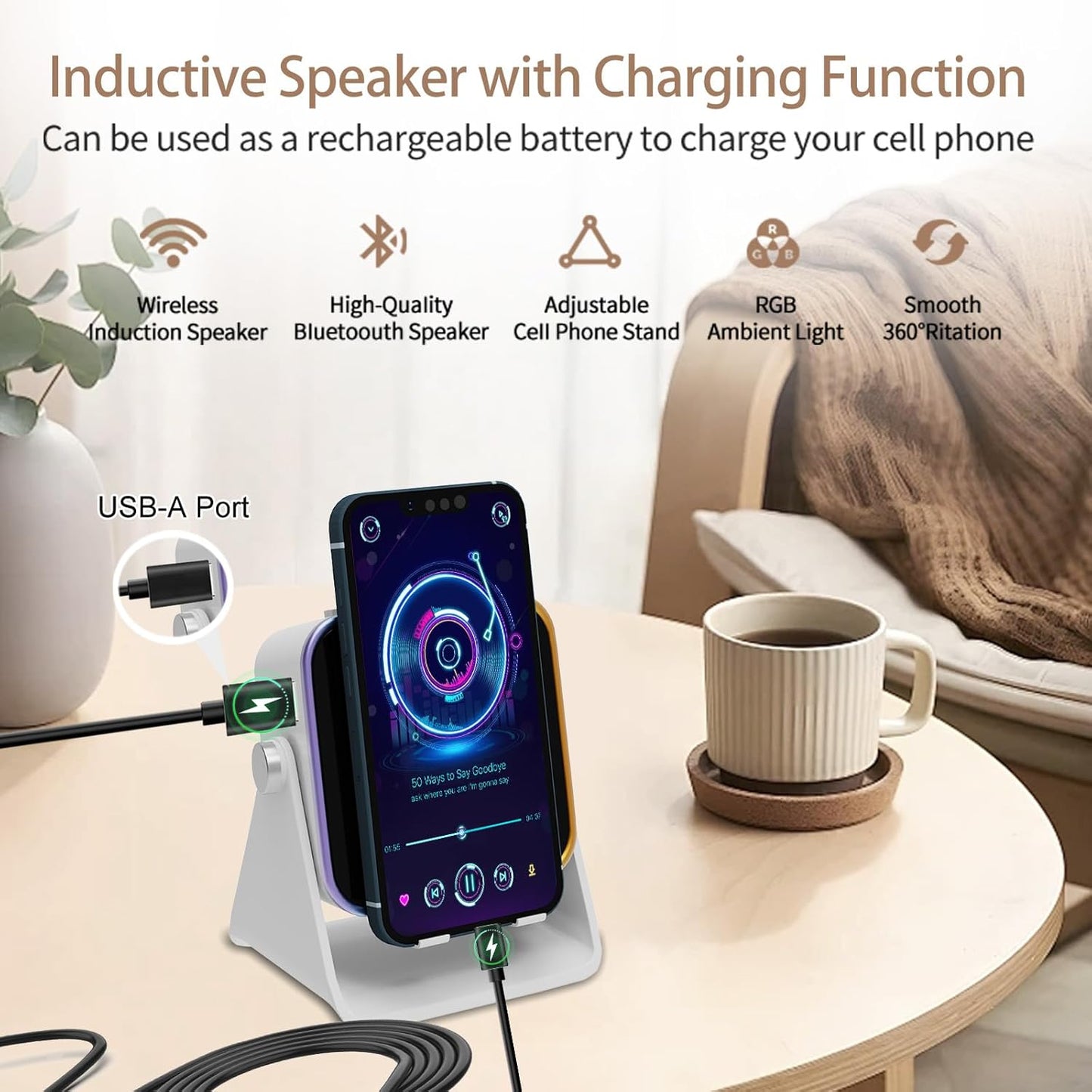 Wireless Induction Speaker 5-in-1 Bluetooth Speaker with Phone Holder, Surround Sound, 3500mAh, 8 RGB Ambient Lights, 360° Adjustable Stand