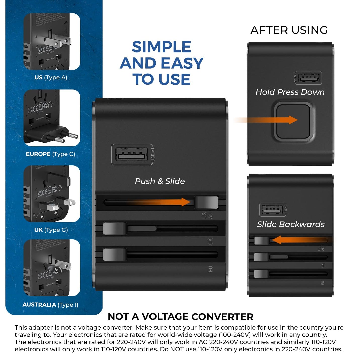 Universal Charger Adapter, 35W 6 in 1 International Travel Adapter, Universal Plug Socket with 10 Years Warranty, PD/QC 3.0, 1x USB-C, 3 USB Fast Charging, Worldwide Travel Adapters