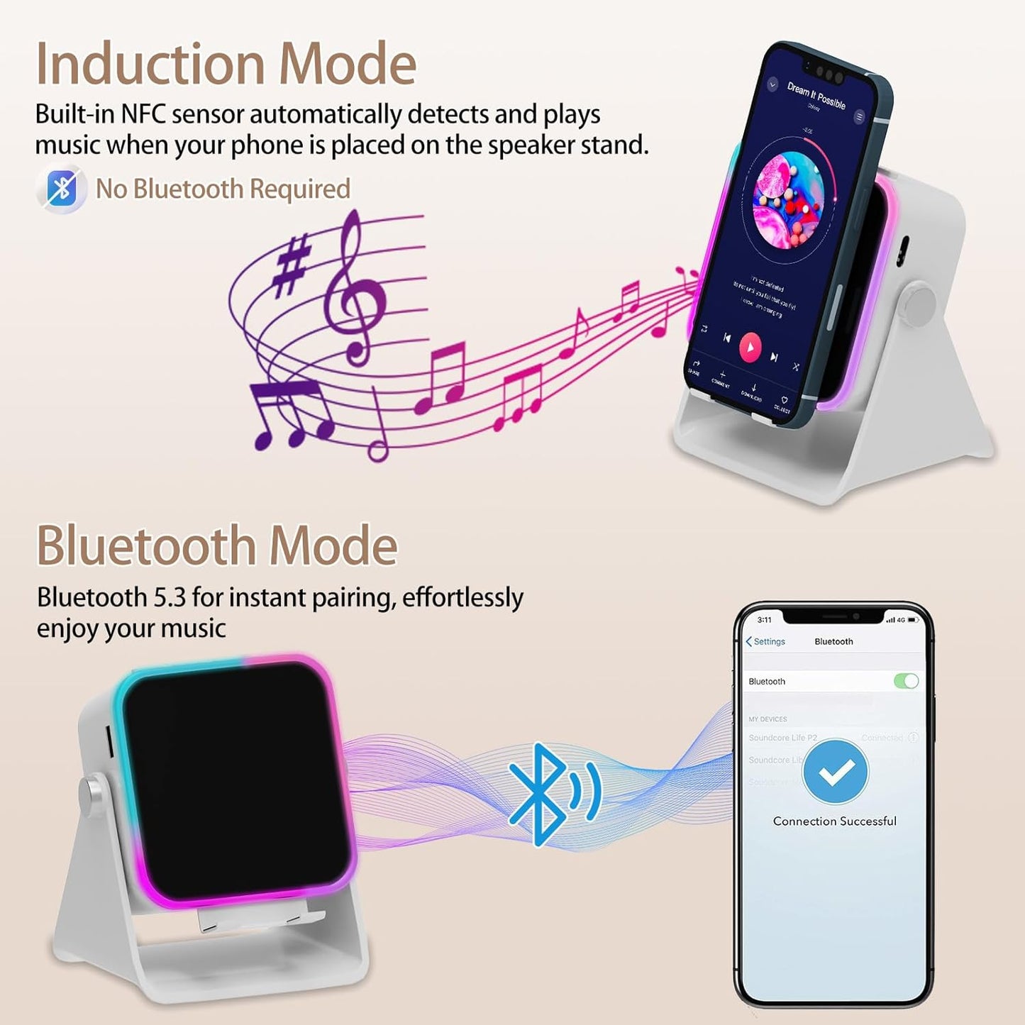 Wireless Induction Speaker 5-in-1 Bluetooth Speaker with Phone Holder, Surround Sound, 3500mAh, 8 RGB Ambient Lights, 360° Adjustable Stand