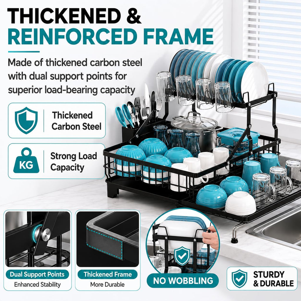 COMFYHOME Double-Layer Pull-Out Iron Dish Drain Rack: Saves Space, Includes Cup Holder, Drain Board, Cutlery Rack Suitable for Pots, Pans, Cups, Cutlery