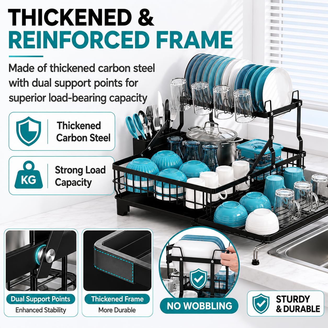 COMFYHOME Double-Layer Pull-Out Iron Dish Drain Rack: Saves Space, Includes Cup Holder, Drain Board, Cutlery Rack Suitable for Pots, Pans, Cups, Cutlery