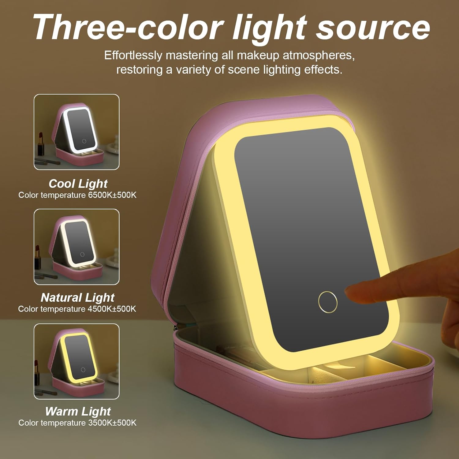 Small Travel LED Makeup Mirror Case with 3 Adjustable Color Light Settings, Dust-Proof Jewelry Box, Mini Cosmetic Train Case Ideal for Short Trips, Pink, Cosmetic Bag With Led Mirror