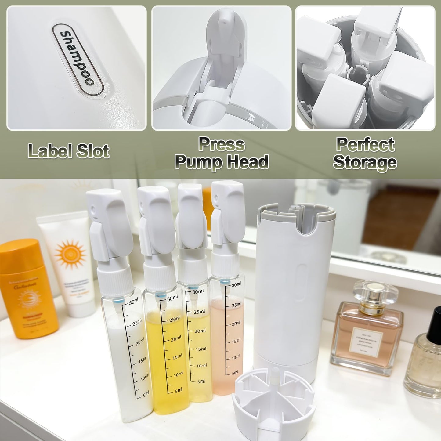 4 in 1 Travel Pump Dispenser Bottle, 30ml, 4 Pack Leakproof Pump Containers with Measuring Scale and Label Stickers