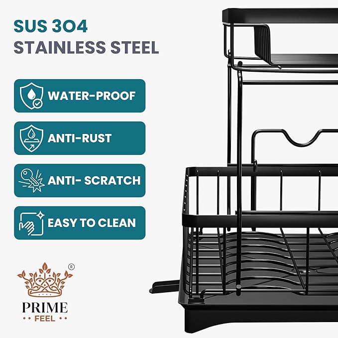 2 Tier Dish Drainer Rack with Drainage Spout,Detachable Dish Drainer Rack,Draining Board Rack with Utensil Holder