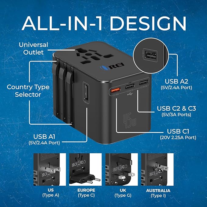Universal Charger Adapter, 35W 6 in 1 International Travel Adapter, Universal Plug Socket with 10 Years Warranty, PD/QC 3.0, 1x USB-C, 3 USB Fast Charging, Worldwide Travel Adapters