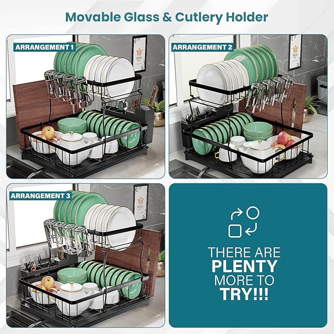 2 Tier Dish Drainer Rack with Drainage Spout,Detachable Dish Drainer Rack,Draining Board Rack with Utensil Holder